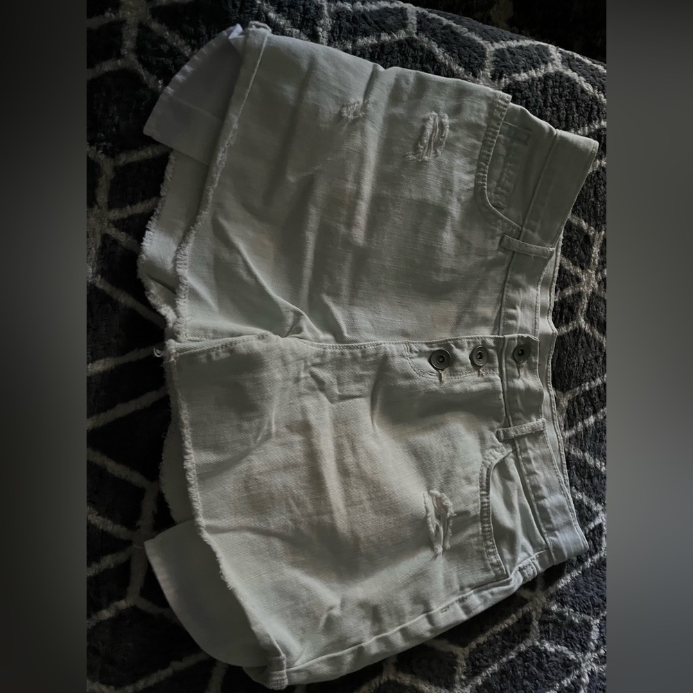 White Button Up Jean Shorts w Rips